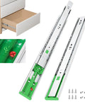 18 Inch Soft Close Drawer Slides Featuring Adjustable Tension Side Mount Full Extension Runners Built Tough For Smooth Cabinet Setup And No Sweat Gliding Action 5 Pair Set with green parts and installed drawer.