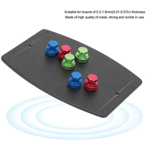 Universal PCB Holder Soldering Fixture With Six Magnetic Pins, heavy duty metal surface, shown with colorful pins on platform