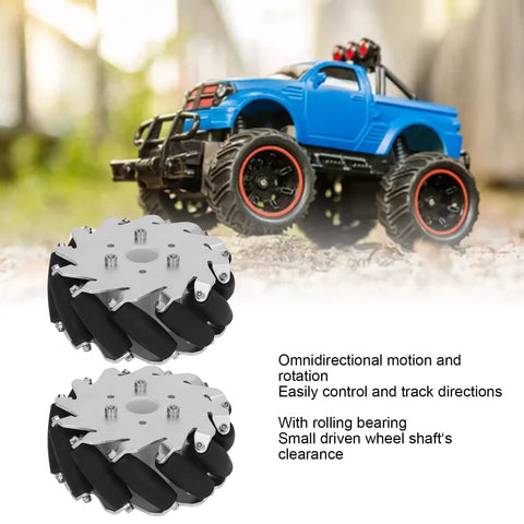 127mm Omni Directional Wheel Set For DIY Robot Car With 45KG Load Capacity, 12 Rubber Rollers And Bearings, Aluminum Alloy Chassis Kit For RC Education And Precision All Angles Maneuvering in front of RC truck.