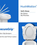 Topseat Pro 2 Durable Wood Toilet Seat, Slow Close, Round, White with soft-close and non-slip bumpers visible.
