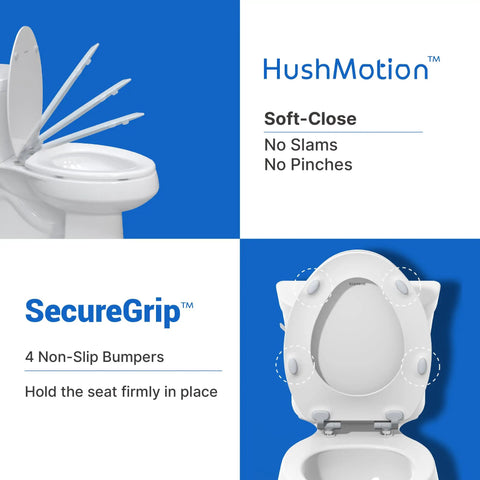Topseat Pro 2 Durable Wood Toilet Seat, Slow Close, Round, White with soft-close and non-slip bumpers visible.