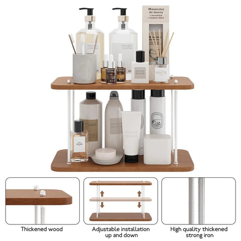 Two Tier Adjustable Bathroom Counter Organizer for Vanity, Sink and Kitchen Corners, all in one shelf with cosmetics displayed