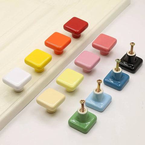 1.25 Inch Glossy Ceramic Square Cabinet Knobs White 6 Pcs Easy Install Drawer Pull Handles assorted colors, screws included