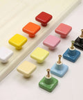 Glossy Ceramic Square Cabinet Knobs 1.25 Inch Green Six Pack Kid Friendly with various colors, screws visible