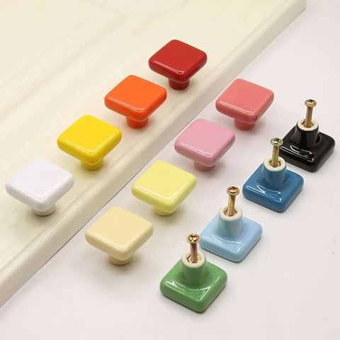 Glossy Ceramic Square Cabinet Knobs 1.25 Inch Green Six Pack Kid Friendly with various colors, screws visible