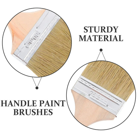Close-up of wood handle brushes from Three Piece Paint Brush Set For Deck, Fence, Wall Stain, Durable Wood Handle Workhorse Brushes.