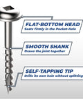 Pocket Hole Screws Zinc Coarse Thread Maxi Loc Flat Head For Softwood And Plywood Woodworking And Cabinetry Projects 1 Inch Indoor 100 Count Strong Holding Power Anti Corrosion Finish showing flat-head, smooth shank, self-tapping tip design.