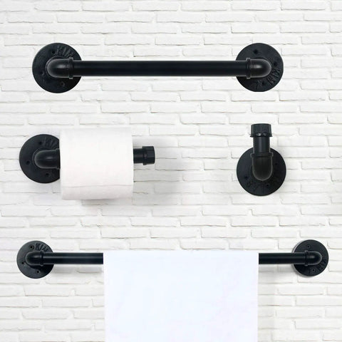 Industrial Pipe Towel Rack Set With 12 Inch And 24 Inch Bars Toilet Paper Holder And Robe Hook Rustic Matte Black Wall Mounted Bath Accessory Kit For Farmhouse Bathroom Decor displayed on white brick wall.