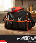 25-Piece Cordless Screwdriver Set With LED Work Light, Automatic Spindle Lock, and drill bit collection in red tool bag.