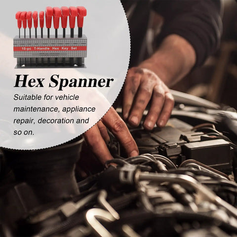 10-pc T-handle hex key set with red handles for vehicle repair and engine maintenance