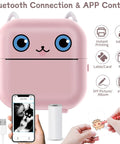 Dope Mini Sticker Printer And Portable Bluetooth Inkless Thermal Photo Maker With Pink Cat Design shown with smartphone and output paper.