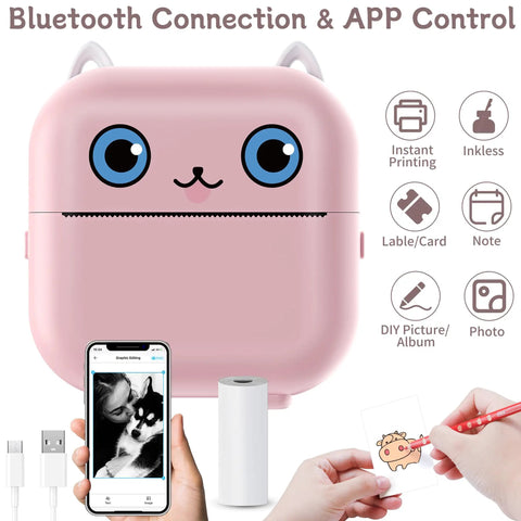 Dope Mini Sticker Printer And Portable Bluetooth Inkless Thermal Photo Maker With Pink Cat Design shown with smartphone and output paper.