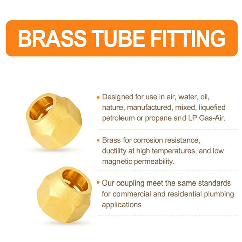 Grease Monkey Approved 10 Piece Beefy Brass 45 Degree Flare Tube Fittings One Quarter Inch Sae Copper Pipe Extenders showing two brass tube fittings.
