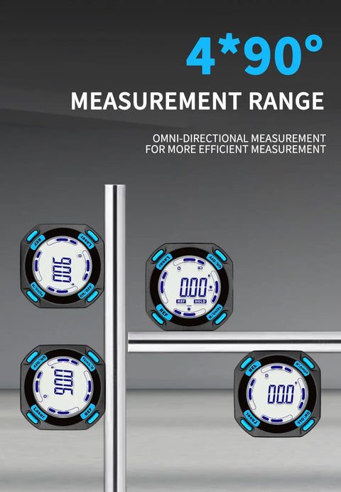 Solid As A Rock Five Side Magnetic Digital Angle Finder With Built In Laser Level And Rechargeable Backlit Display For Table Saw Miter Woodworking Projects showing 4-sided measurement display on metal surface.