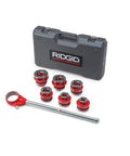 Exposed Ratchet Pipe Threader Kit One Half Inch To Two Inch NPT Dies Manual Ratcheting Threader With Carrying Case shown with die heads