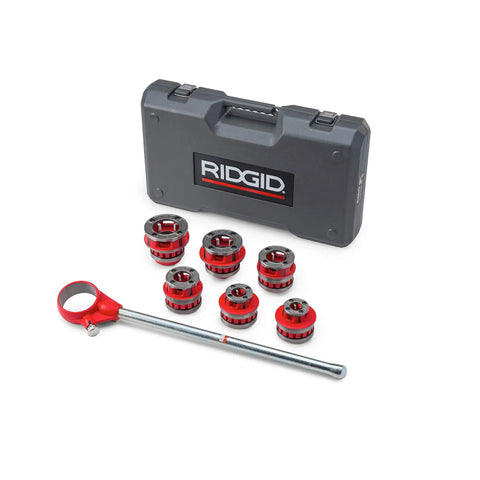Exposed Ratchet Pipe Threader Kit One Half Inch To Two Inch NPT Dies Manual Ratcheting Threader With Carrying Case shown with die heads
