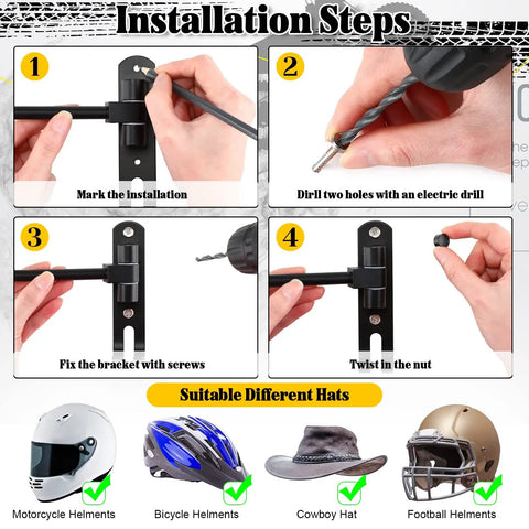 Installation steps for Six Pack Motorcycle Helmet Rack Wall Mount With 180 Degree Rotation And Dual Hooks