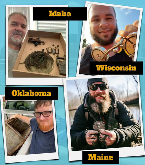 Smiling individuals showcasing finds from 1200 Lb Magnet Fishing Kit With Heavy Duty Case Double Sided Magnets 2 In 1 in various states.
