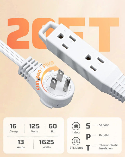 20 Foot Heavy Duty Extension Cord With 360 Degree Rotating Flat Plug And 3 Grounded Outlets For TV, Office, And Kitchen, SPT-3 16/3C Copper Wire, Space Saving Wall Outlet Extender, 13A 1625W close-up