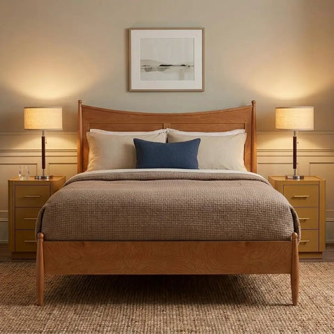 Bedroom with Carter LED Bedside Lamp With Soft Ambient Glow For Bedroom And Office, on nightstands, wood bedframe