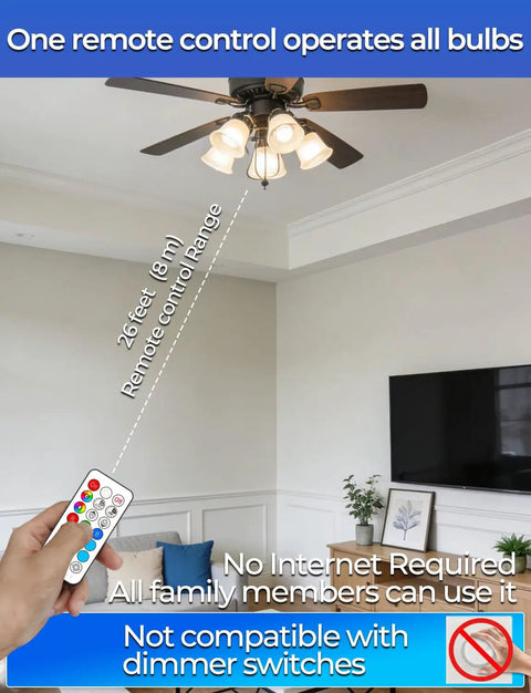 Room showing remote controlling Color Changing A15 RGBW LED Bulb 40W Equivalent With Remote 12 Colors 4 Pack in ceiling fan.