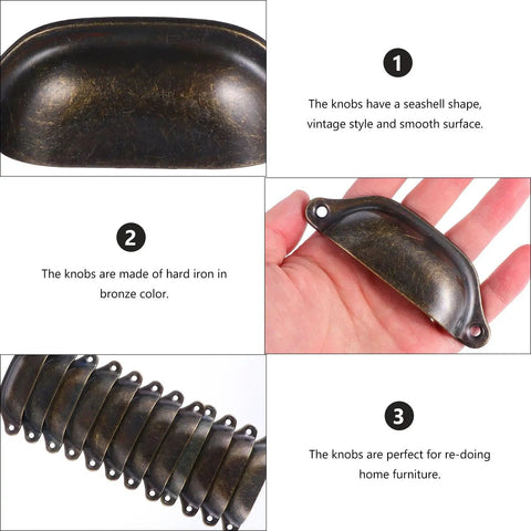 Close-up of vintage iron seashell style drawer pull knob, shown individually and in a set, describing 12 pack vintage iron drawer pull handles for cabinets and furniture, retro seashell style cabinet knobs, antique decorative cupboard hardware for kitchen and bedroom, easy install, classic farmhouse chic.