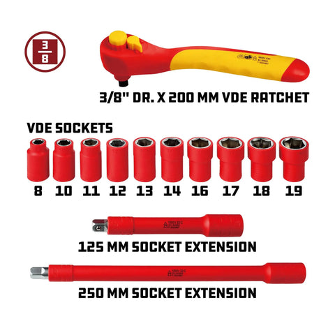 3/8" VDE ratchet with 10 red insulated sockets and 125 mm and 250 mm extensions from Straight Up Tough 13 Piece VDE Insulated Tool Set.