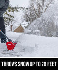 Badass Brushless 40 Volt Cordless Snow Shovel Kit with a 12 inch deck clearing snow on a driveway, throwing snow up to 20 feet.