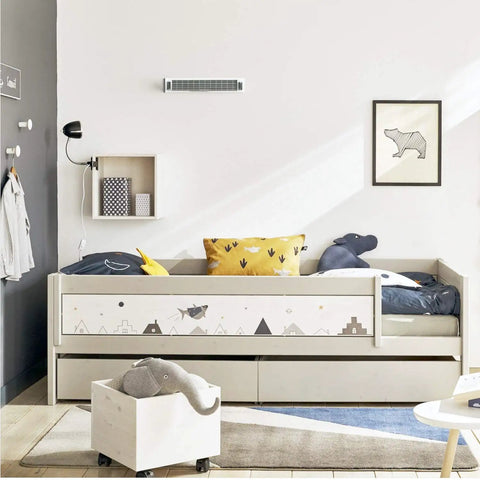 Room with child bed, wall art, and adjustable magnetic heat and air deflector for vents and registers, extends 10 to 16 inches