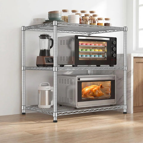 Beefy Heavy Duty 24 Inch Deep Metal Wire Shelving Unit For Kitchen Garage And Pantry, Adjustable Shelves, Microwave Stand, Sturdy Steel Bakers Rack, Standing Organizer, Industrial Grade Storage With 550 Lbs Per Shelf And 1650 Lbs Total Capacity with microwave, blender, and oven