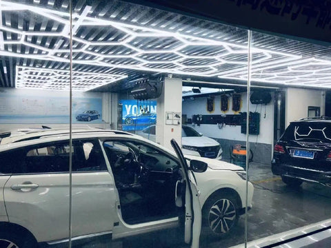Garage with Honeycomb LED Garage Light Kit With 17 Panels And 660W Pro Grade Total Power 6500K Daylight White for car detailing