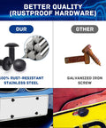 Comparison of Black Stainless Steel License Plate Screws Kit For Cars With Rustproof Bolts and rusty galvanized iron screw.