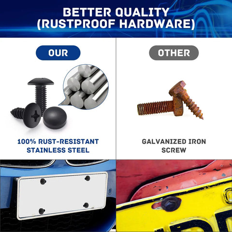Comparison of Black Stainless Steel License Plate Screws Kit For Cars With Rustproof Bolts and rusty galvanized iron screw.