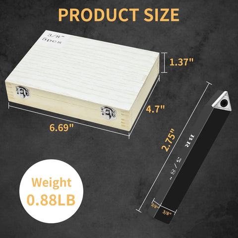 Product size diagram of Three Eighths Inch Indexable Carbide Turning Inserts Holder Set with wood case and tool dimensions