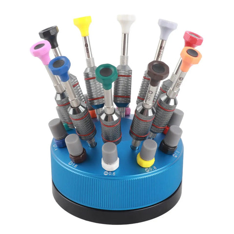 Pro Watch Repair Screwdriver Set 10 Pieces With Base Stand for Precision Electronics and Laptop Disassembly, magnetic tips shown.