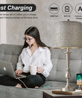 USB Sleek Metal Table Lamps Set Of 2 For Living Room And Bedroom Large Size Brushed Nickel Finish Touch Activated Dual USB Ports On Base Charge Phones Tablets And More Even When Lamps Are Off with woman using laptop