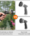 Comparison of Built Tough Heavy Duty Metal Hose Nozzle With 9 Spray Patterns and plastic nozzle; metal version shown in use.