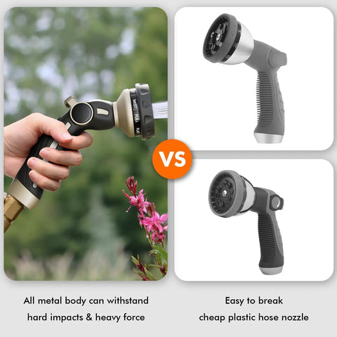 Comparison of Built Tough Heavy Duty Metal Hose Nozzle With 9 Spray Patterns and plastic nozzle; metal version shown in use.