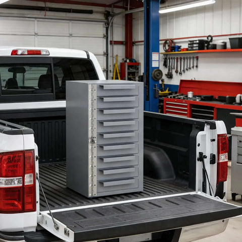 Gray Metal Tool Storage Cabinet With 9 Drawers With Dividers, All Welded Steel Construction For Rugged Durability on truck bed