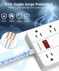 Close-up of 15 Ft Flat Plug Power Strip with 8 widely spaced outlets, 6 USB ports, highlighting surge protection features.