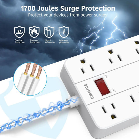 Close-up of 15 Ft Flat Plug Power Strip with 8 widely spaced outlets, 6 USB ports, highlighting surge protection features.
