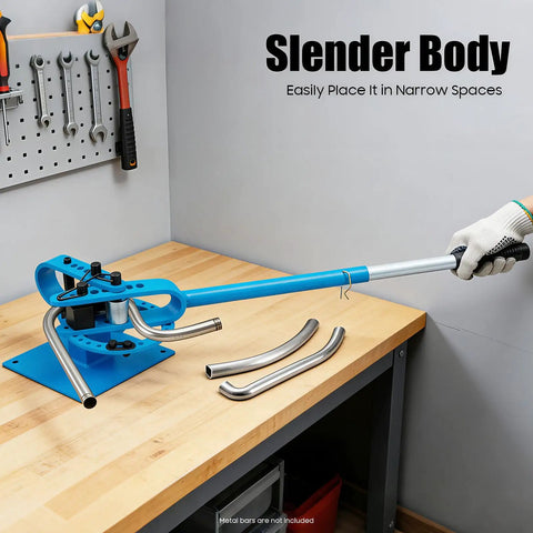 Heavy Duty Manual Pipe Bender With Seven Dies Ranging From One To Three Inches For Bending Metal Rods in a garage setup.
