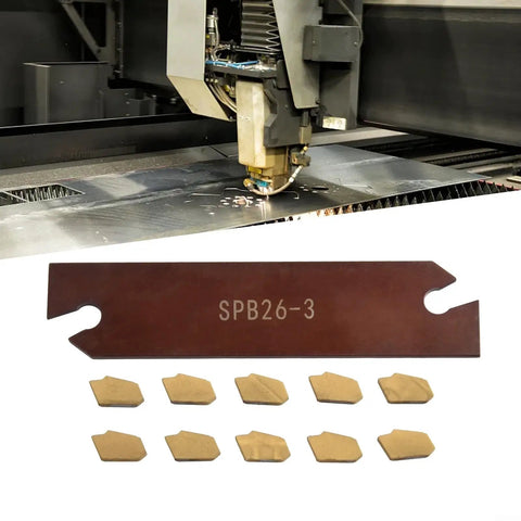 Pro Grade Lathe Tool Holder Set with 10 GTN-3 SP300 inserts and SPB26-3 blade shown in metal workshop.