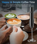 Rechargeable Milk Frother With Stand Quiet Electric Wand Foam Maker Detachable Stainless Steel Whisk and lattes on table