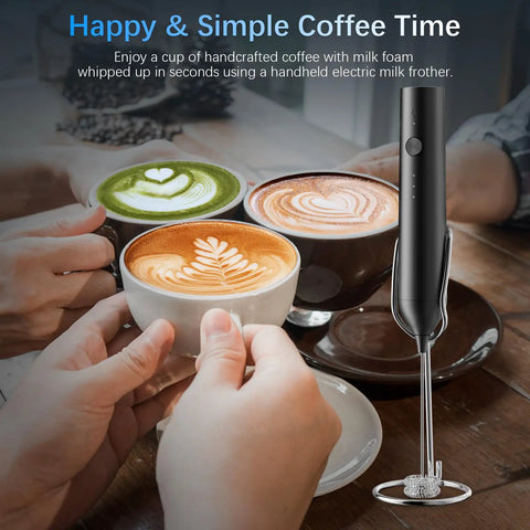 Rechargeable Milk Frother With Stand Quiet Electric Wand Foam Maker Detachable Stainless Steel Whisk and lattes on table