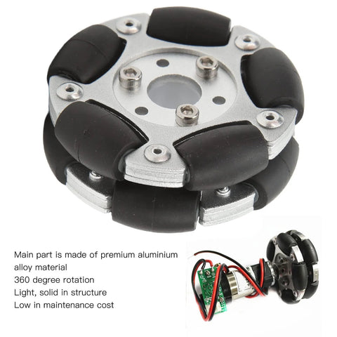 HERCHR 60mm robot omni wheel with aluminum hub and six black rubber rollers (front view)