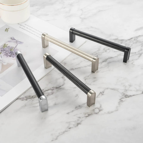 Knurled Black And Nickel Cabinet Pull Handle For Kitchen Cabinets And Dressers, One Piece Metal Pull With Eight Point Eight Inch Center