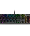Premium Gaming Mechanical Keyboard Built Different With Lightning Quick Red Optical Switches And Dead Tight Trigger Pull For Serious Session Grinds Usb Passthrough Port, top view with RGB lighting.
