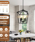 Black Farmhouse Chandelier 4 Light Ceiling Fixture With Height Adjustable Flexible Chain above a dining table in a cozy setting.