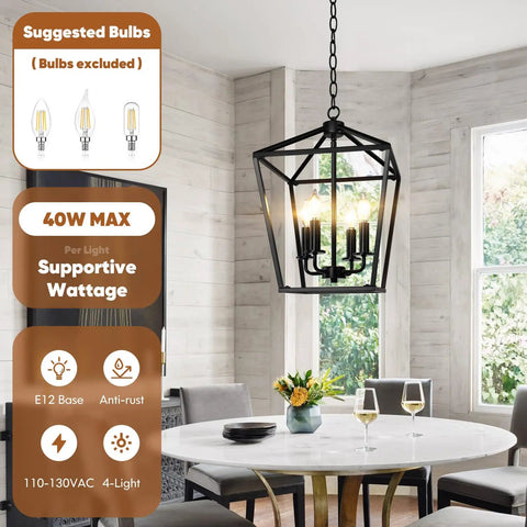 Black Farmhouse Chandelier 4 Light Ceiling Fixture With Height Adjustable Flexible Chain above a dining table in a cozy setting.